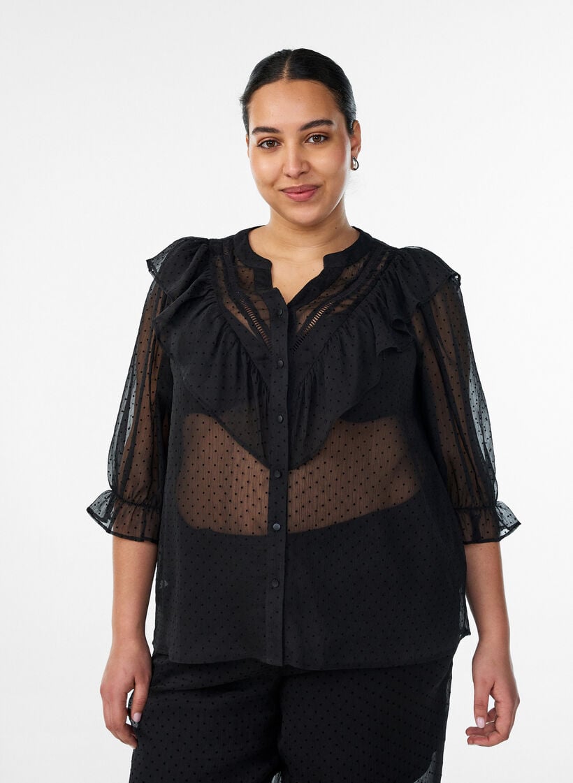 Transparente Hemdbluse mit Punkten und R&uuml;schendetails, Schwarz, Model image number 0