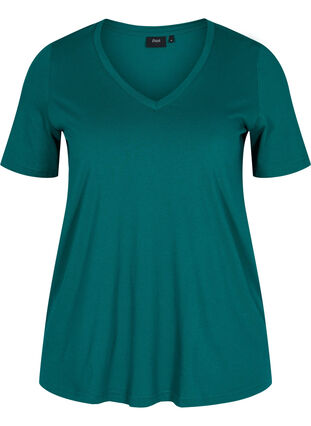 T-Shirt aus Bio-Baumwolle mit V-Ausschnitt, Teal Green, Packshot image number 0