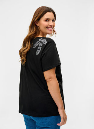 Kurzarm T-Shirt aus Baumwolle mit dekorativen Steinen, Black Stone, Model image number 1