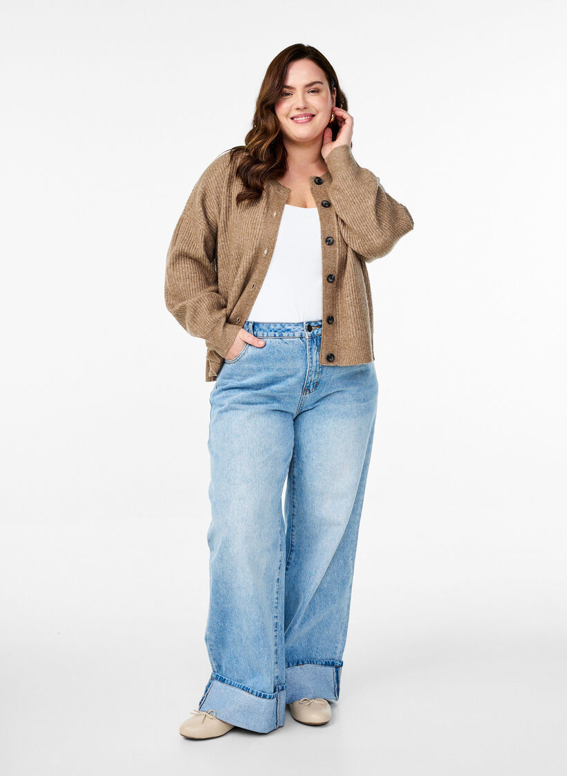 Rippenstrick Strickjacke mit Kn&ouml;pfen, Braun, Model image number 1