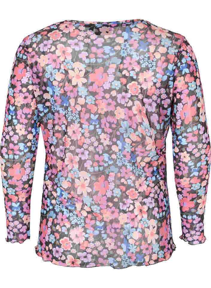 Enganliegende Mesh-Bluse mit Blumenmuster, Flower AOP, Packshot image number 1