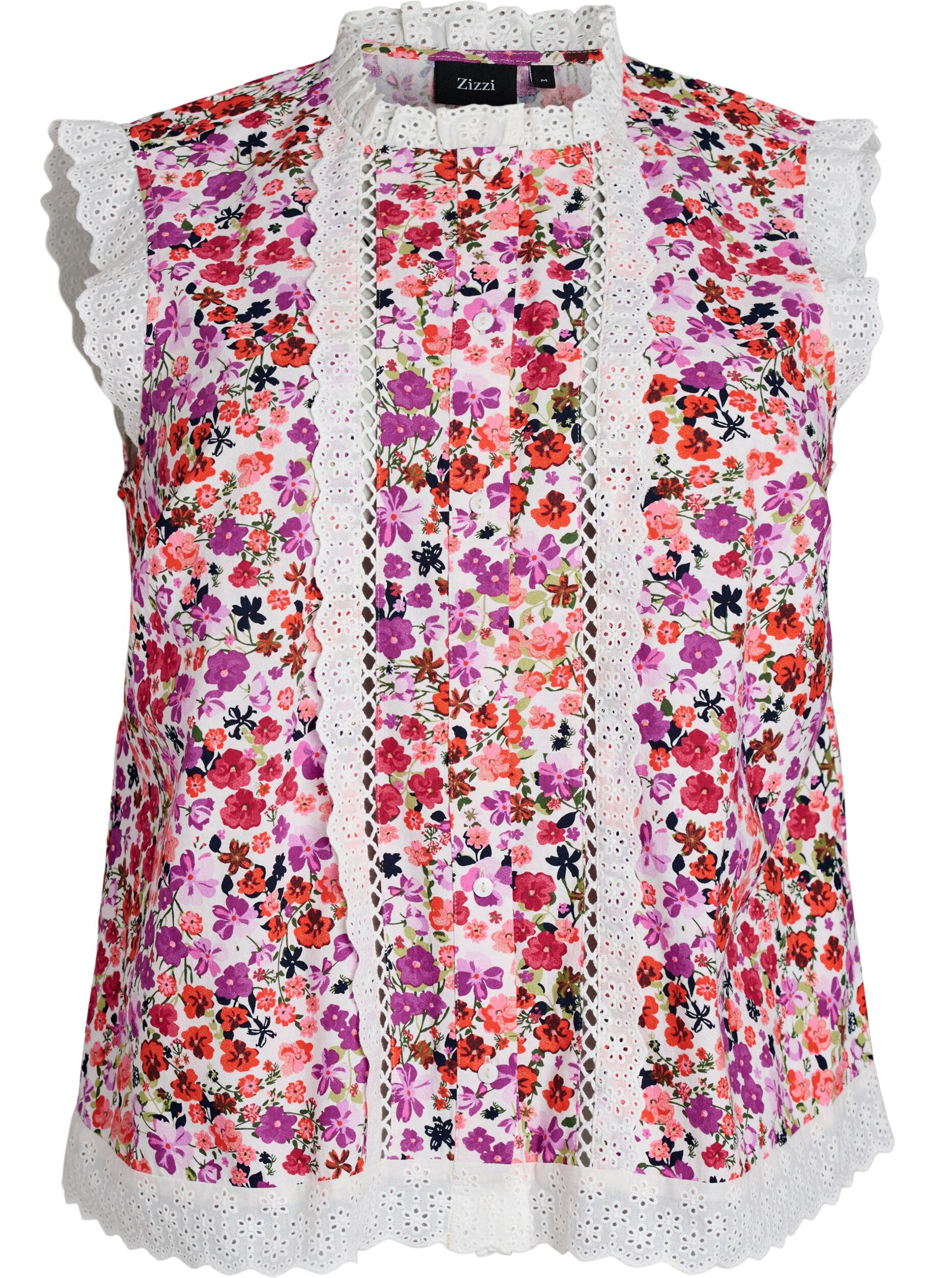 &Auml;rmellose Bluse aus Baumwolle mit Blumenprint und Broderie Anglaise