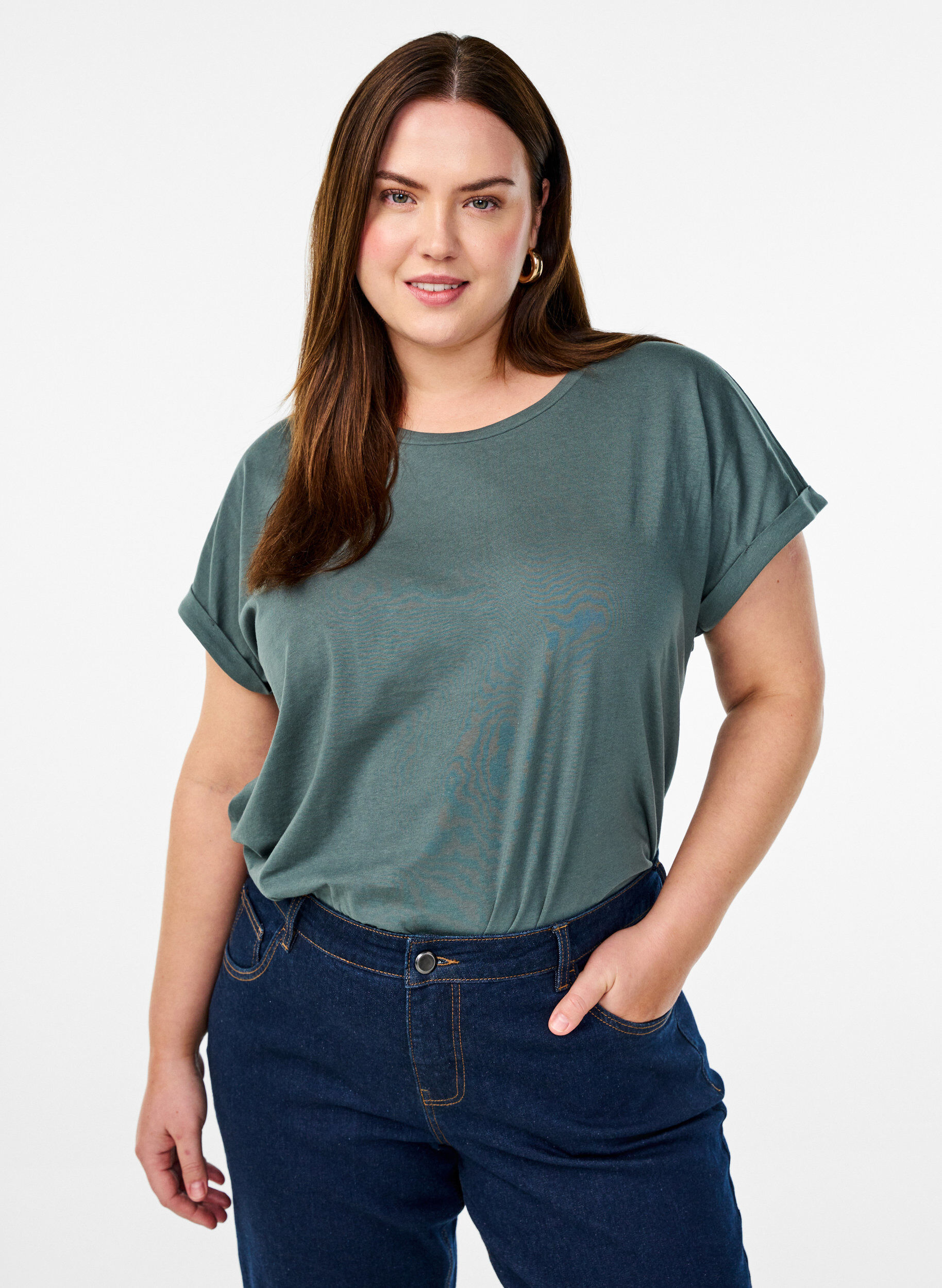 ZizziKurz&auml;rmliges T-Shirt aus einer Baumwollmischung, Gr&uuml;n, Model image number 0