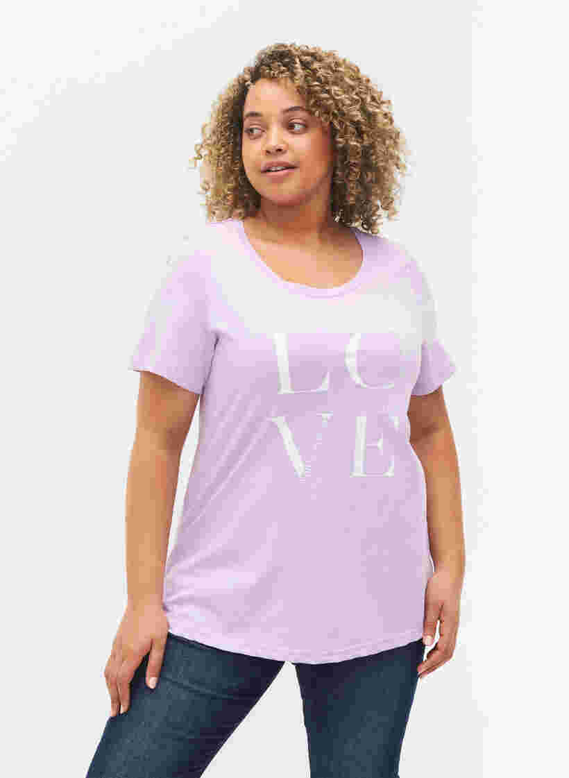 Kurzärmeliges Baumwoll-T-Shirt mit Aufdruck, Lavendula LOVE, Model