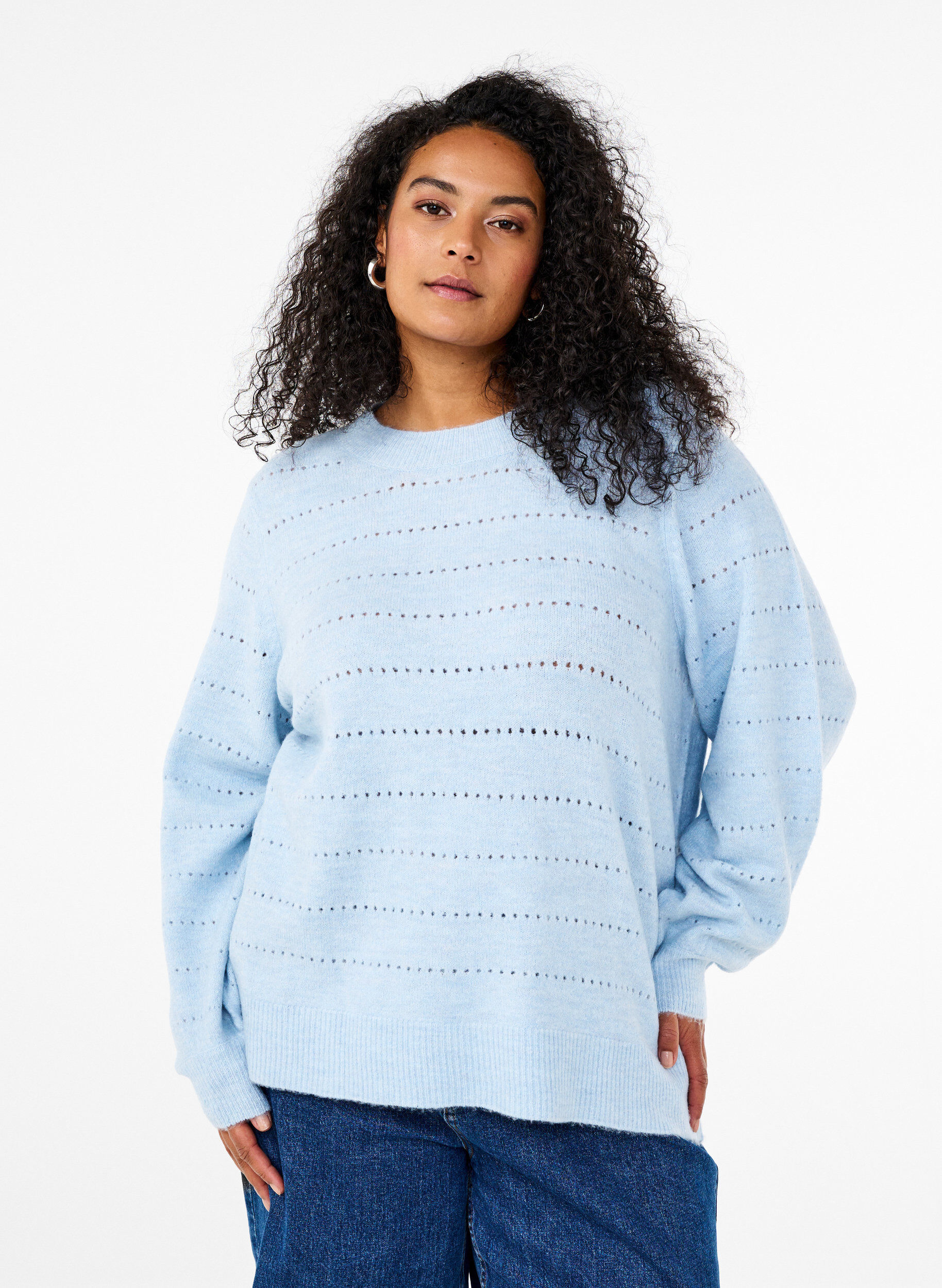 ZizziStrickbluse mit Rundhals und Spitzenmuster, Cashmere Blue Mel., Model image number 0