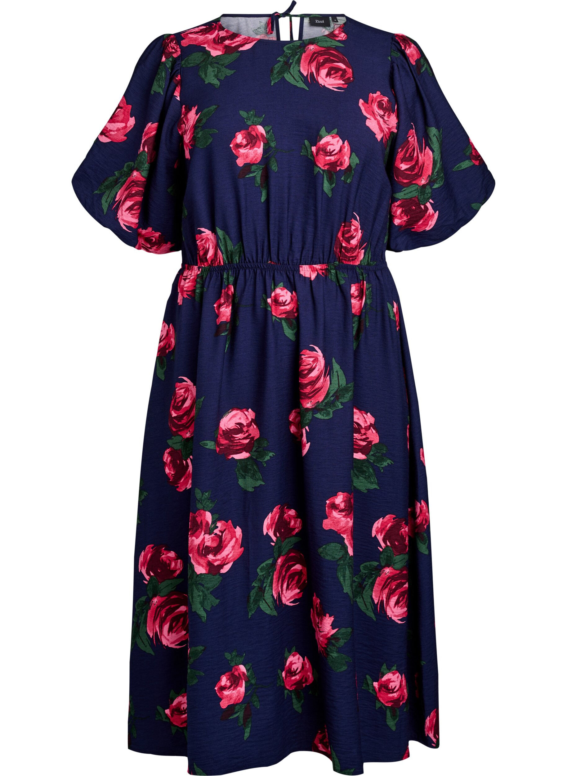 ZizziMidikleid mit Rosenprint und kurzen Ballon&auml;rmeln, Blau, Packshot image number 0