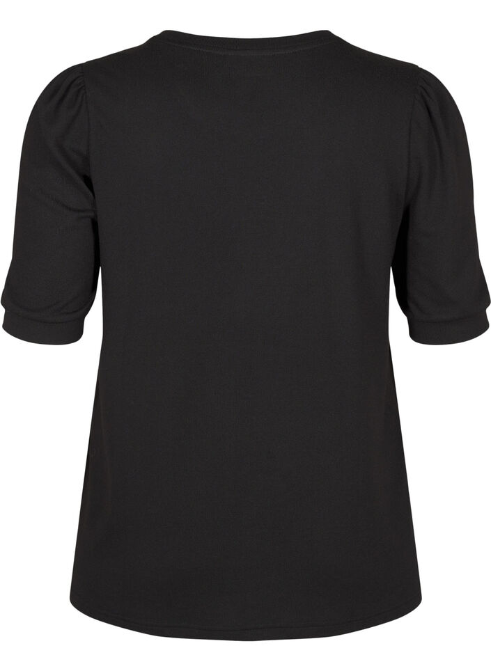 Bluse mit Knopfdetail und kurzen Puffärmeln, Schwarz, Packshot image number 1