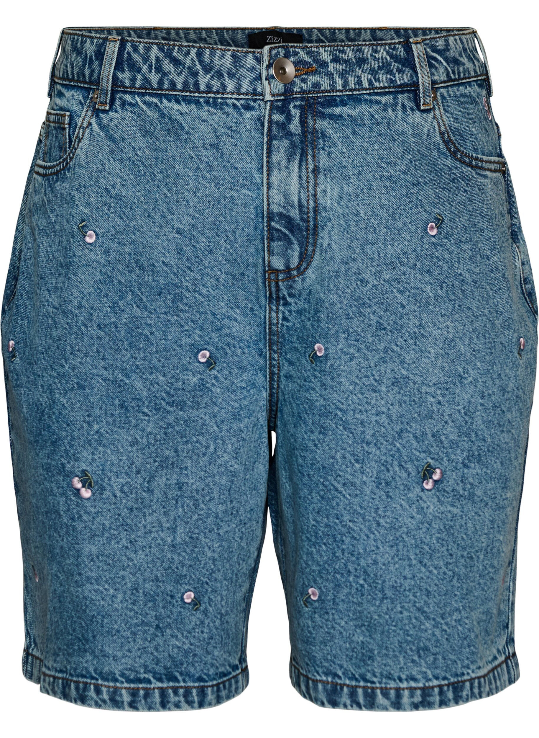 ZizziHoch taillierte Denimshorts mit bestickten Motiven, Blau, Packshot image number 0