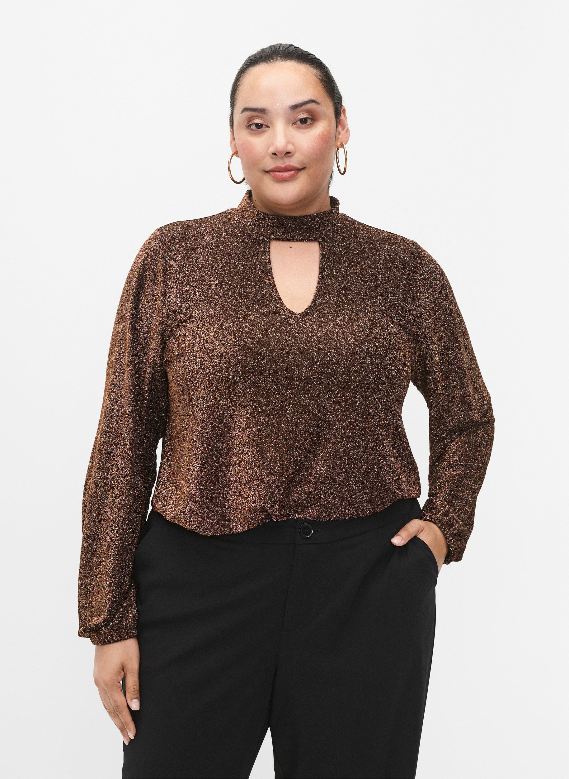 ZizziLang&auml;rmlige Glitzerbluse mit Rundhalsausschnitt und V-Detail, Black Copper, Model image number 0