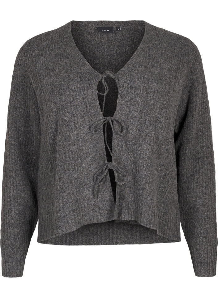 Strickjacke mit Bindedetails, Dark Grey Melange, Packshot image number 0