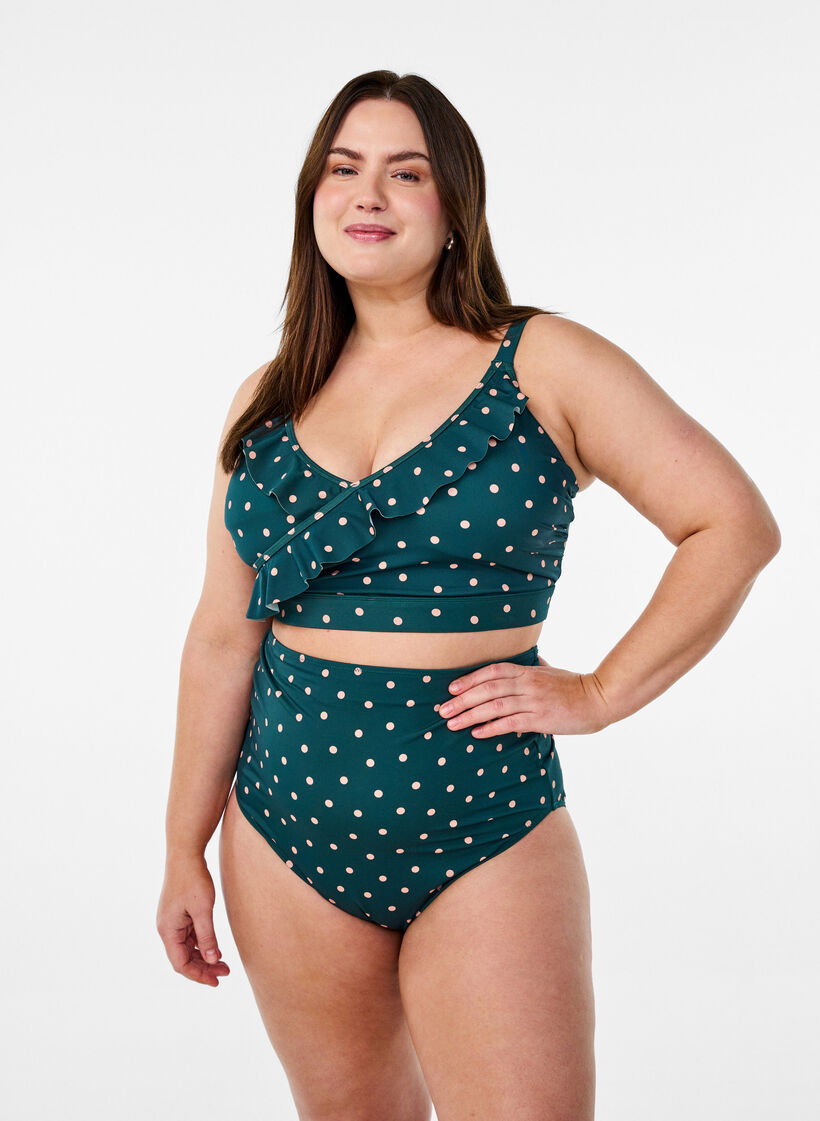Bikinioberteil mit Punkten und R&uuml;schendetails, Gr&uuml;n, Image image number 0
