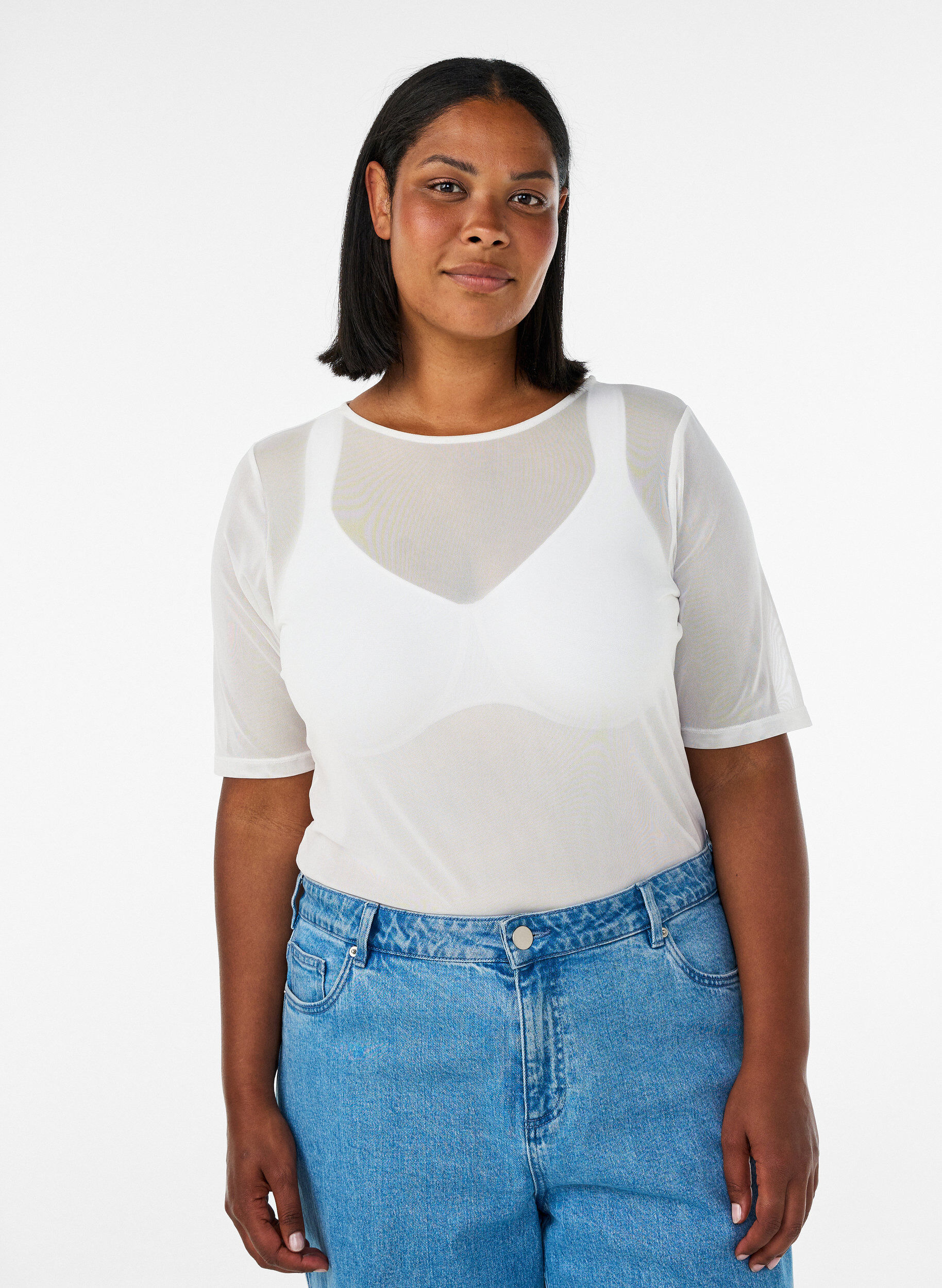 ZizziTop aus Mesh mit kurzen &Auml;rmeln und Rundhalsausschnitt, Vanille, Model image number 0
