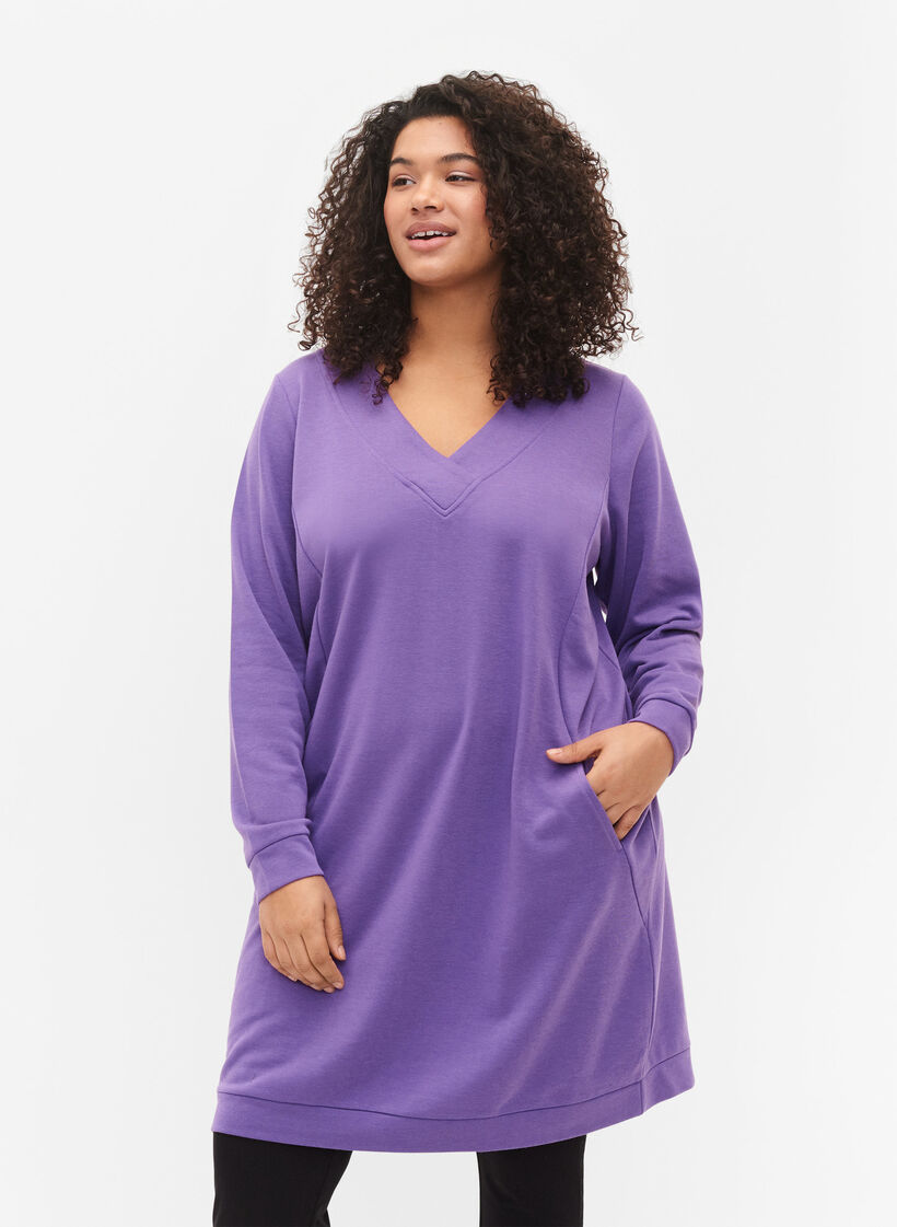 Pulloverkleid mit V-Ausschnitt, Deep Lavender, Model image number 0