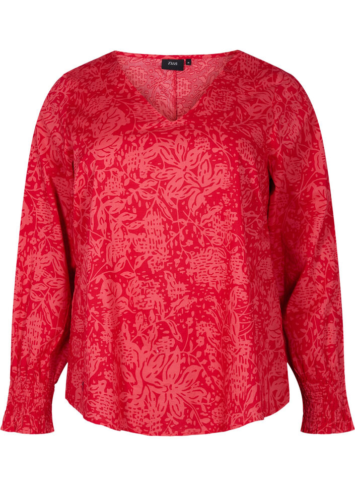 Bluse mit V-Ausschnitt und Smok, Ribbon Red AOP, Packshot image number 0