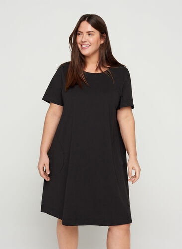 Kurzarm Kleid aus Baumwolle mit Taschen, Solid Black, Model image number 0