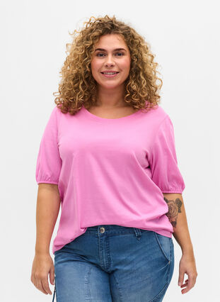 T-Shirt aus Baumwolle mit Ärmeln in Ellbogenlänge, Cyclamen, Model image number 0
