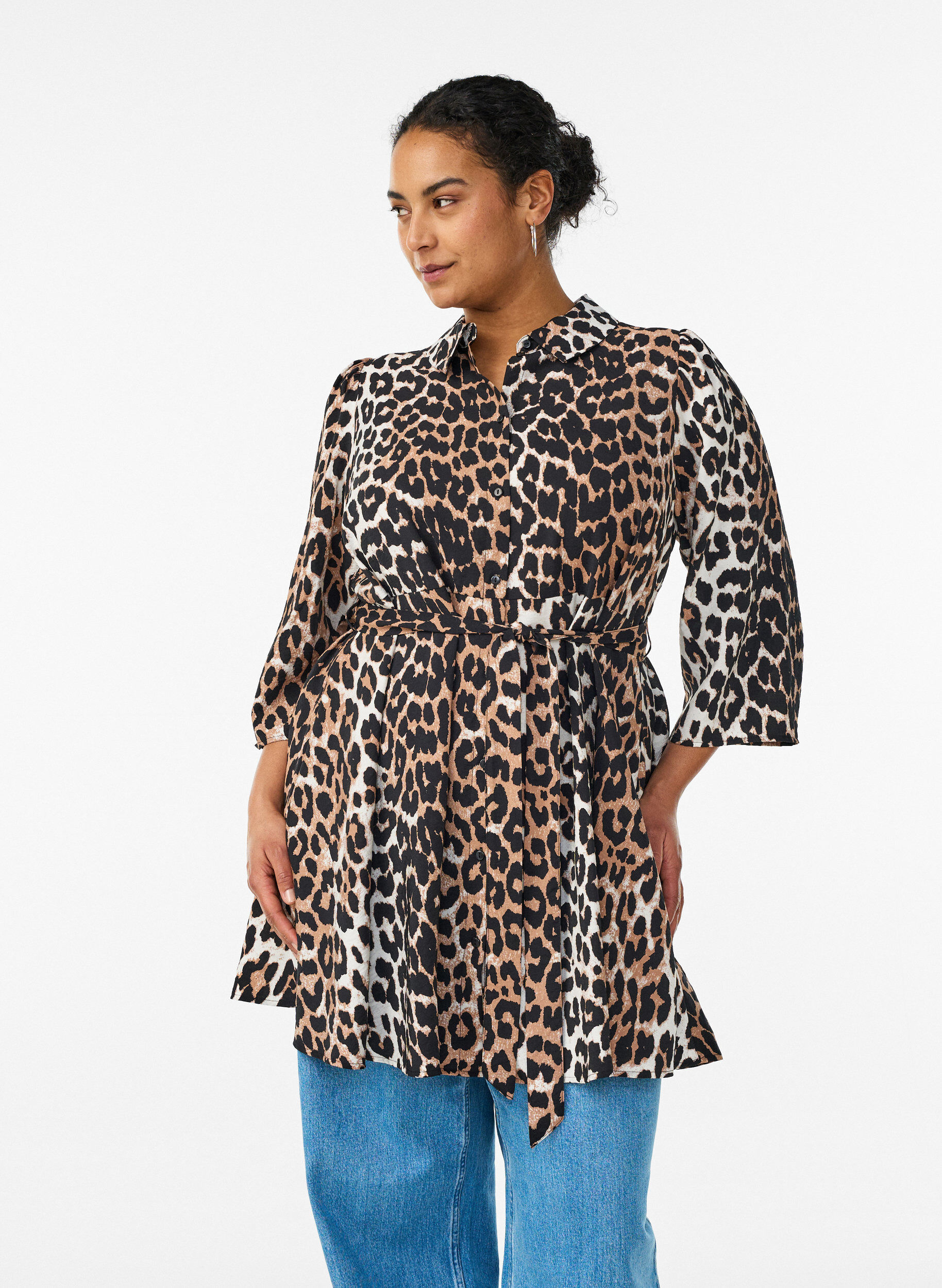 ZizziPatterned tunic with a tie-belt and 3/4 sleeves, Brown, Model image number 0