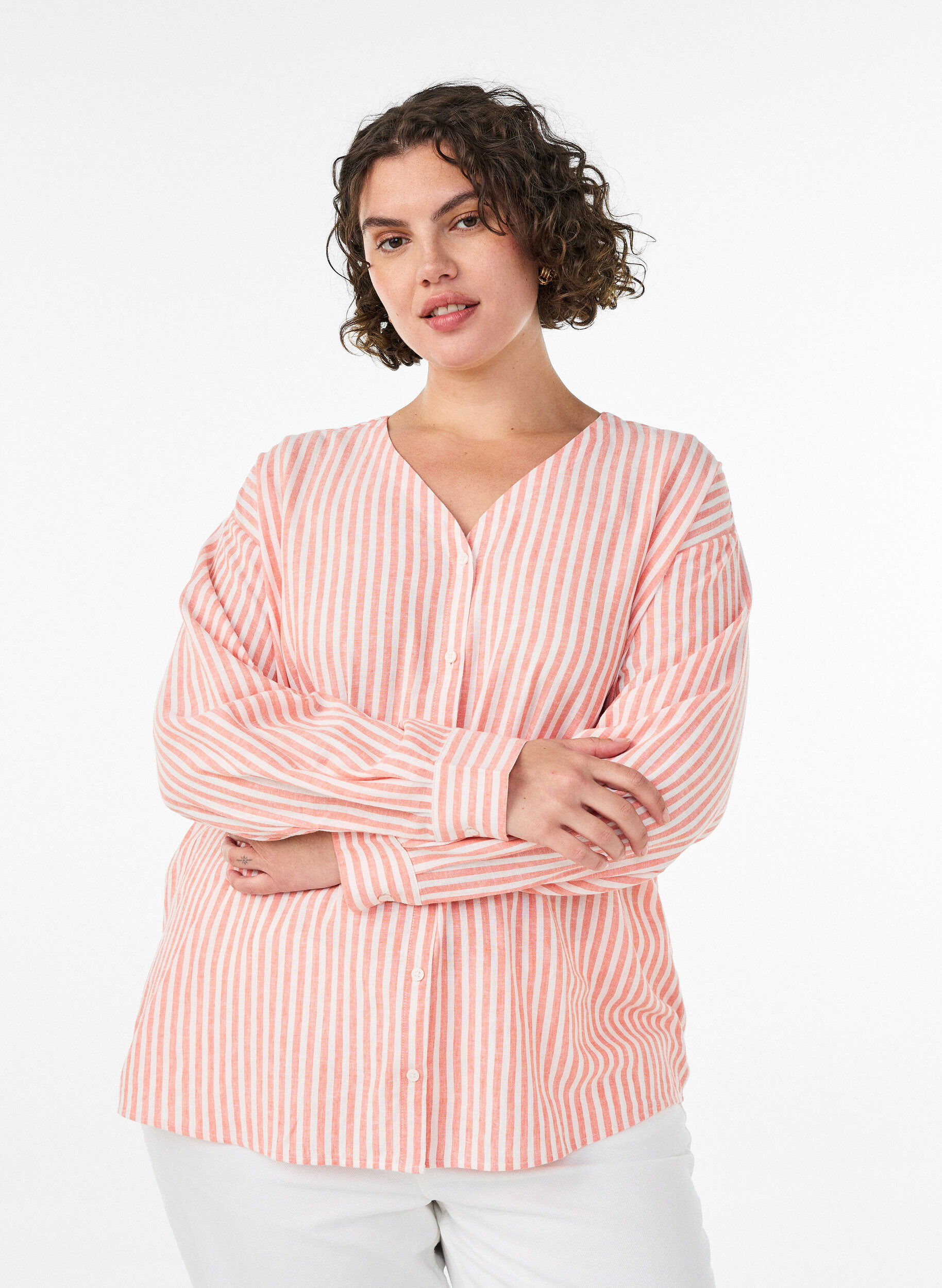 ZizziBluse aus Leinen und Viskose mit V-Ausschnitt, Orange, Model image number 0