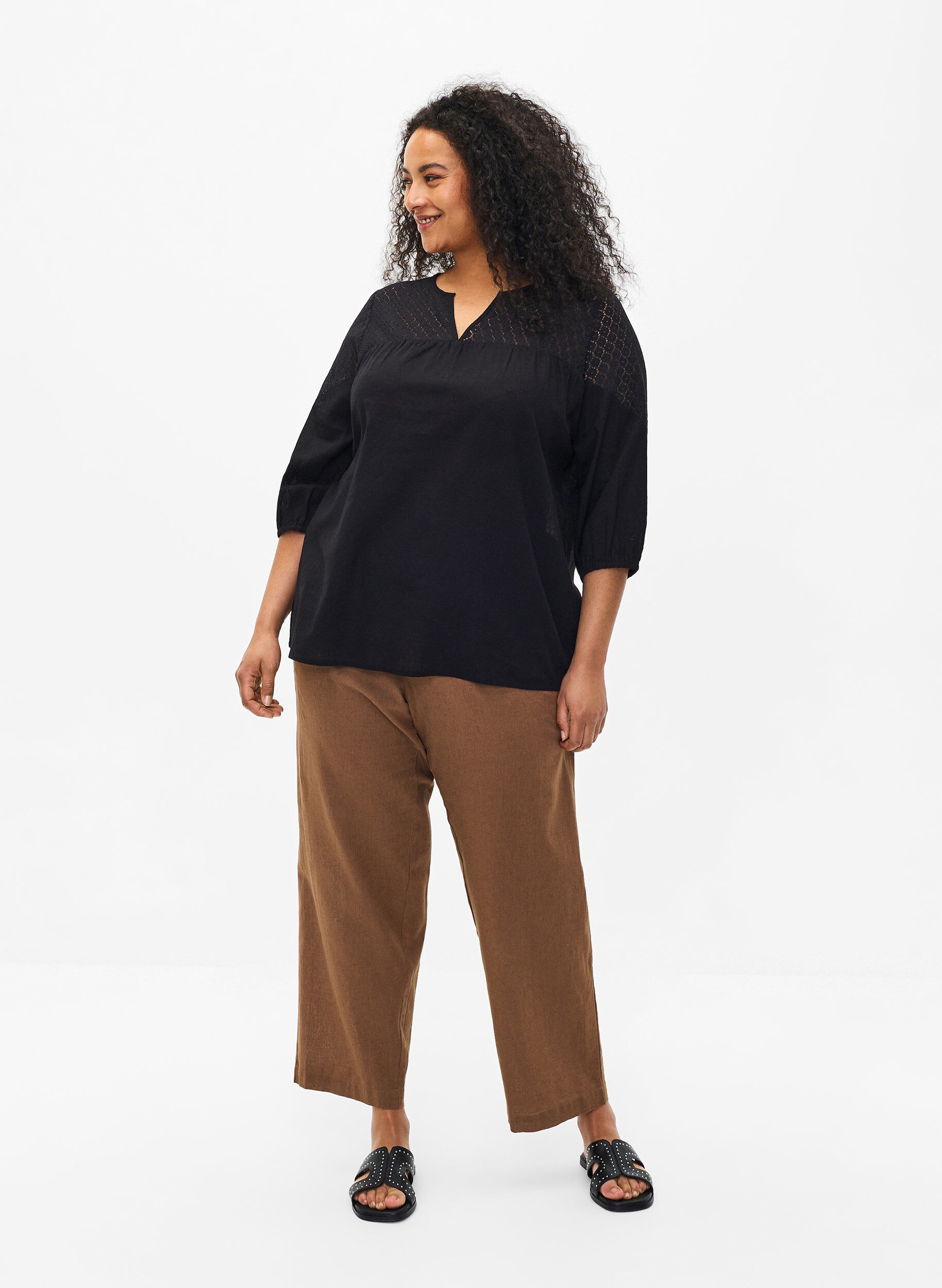 ZizziBluse aus Baumwollmischung mit Leinen und H&auml;keldetails, Black, Model image number 2