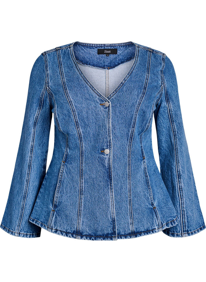 Jeansjacke mit formgebenden N&auml;hten und V-Ausschnitt, Blau, Packshot image number 0