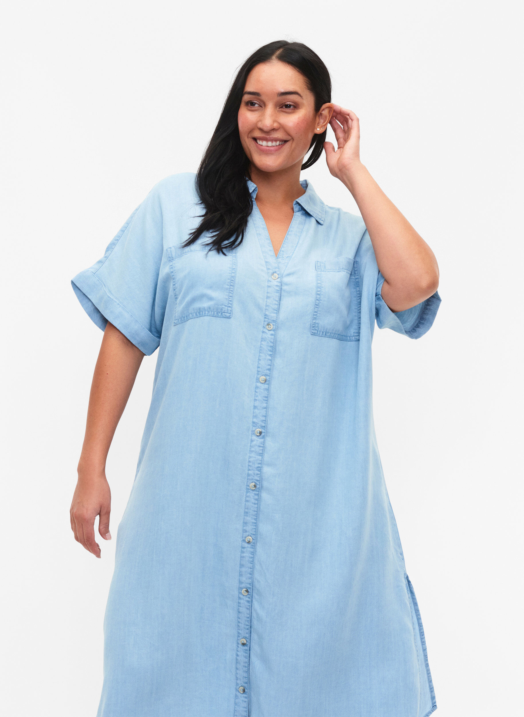 ZizziKurzarm-Shirtkleid aus Lyocell (TENCEL&trade;), Light blue denim, Model image number 2