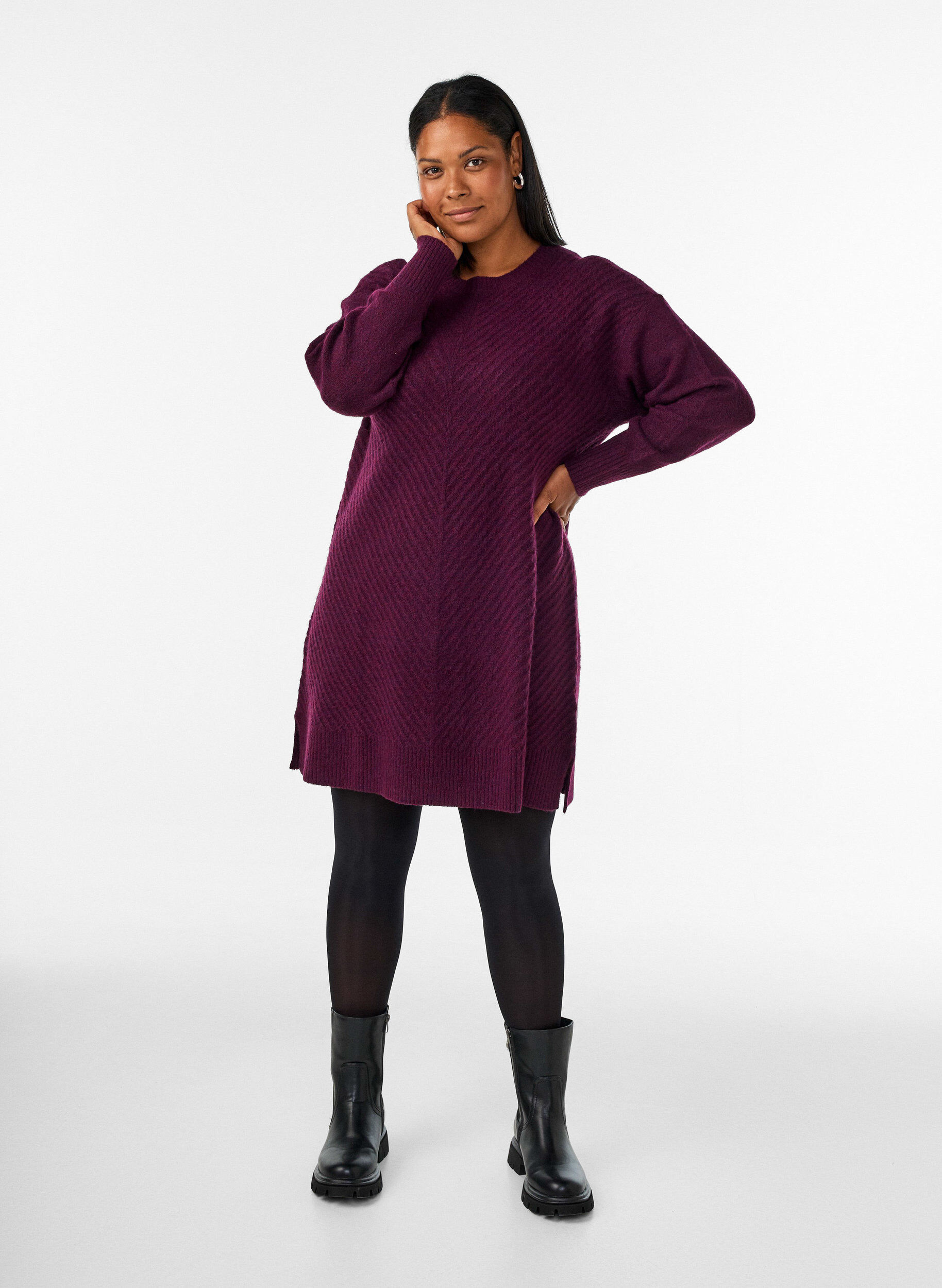ZizziKurzes Strickkleid mit V-f&ouml;rmigem Strukturmuster, Rot, Model image number 1
