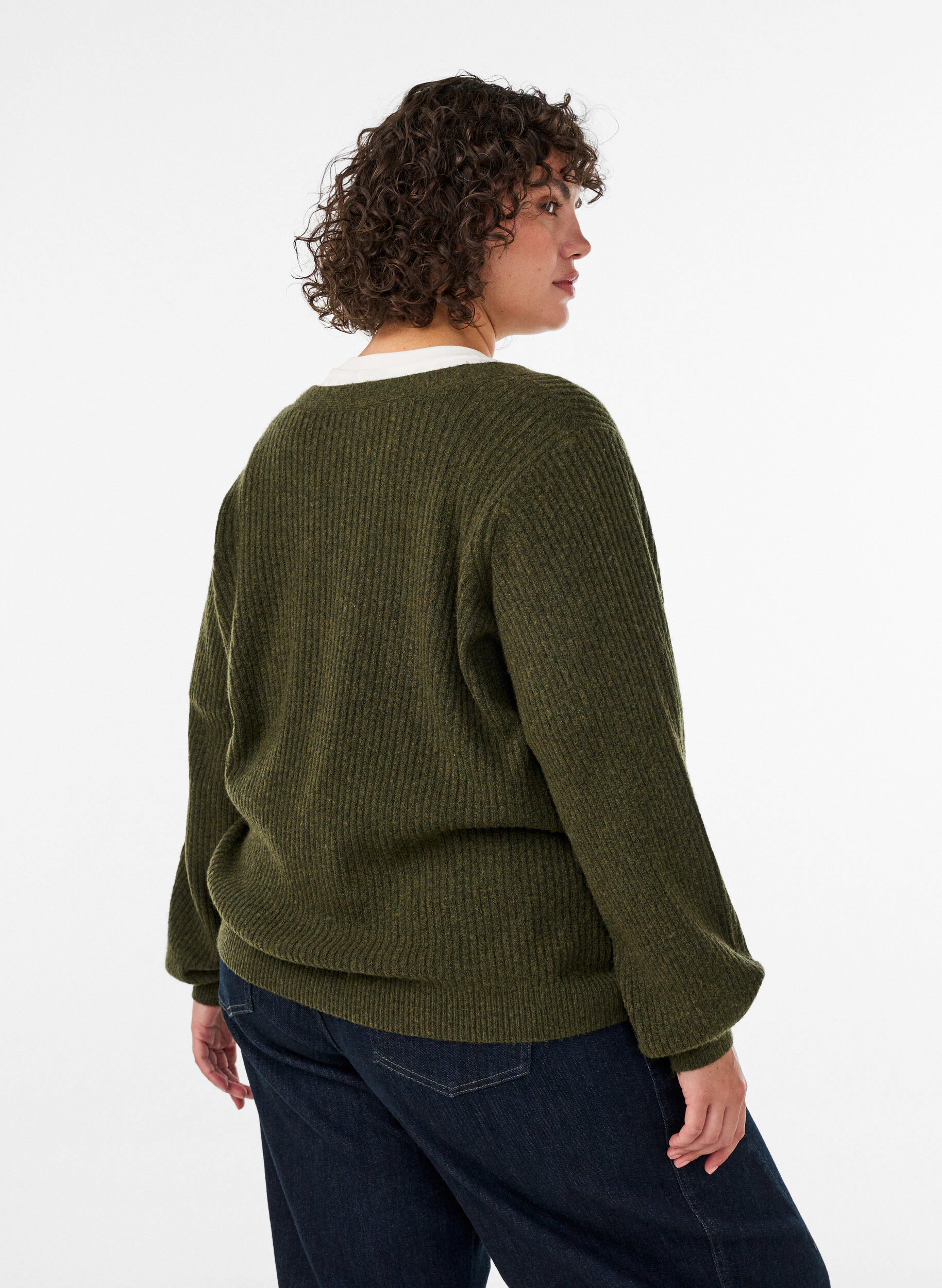 ZizziStrickjacke mit V-Ausschnitt und Rippstruktur, Gr&uuml;n, Model image number 2