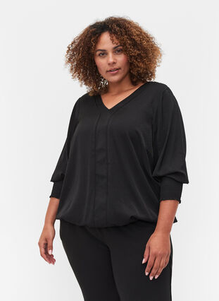Bluse mit V-Ausschnitt und Smock, Black, Model image number 0