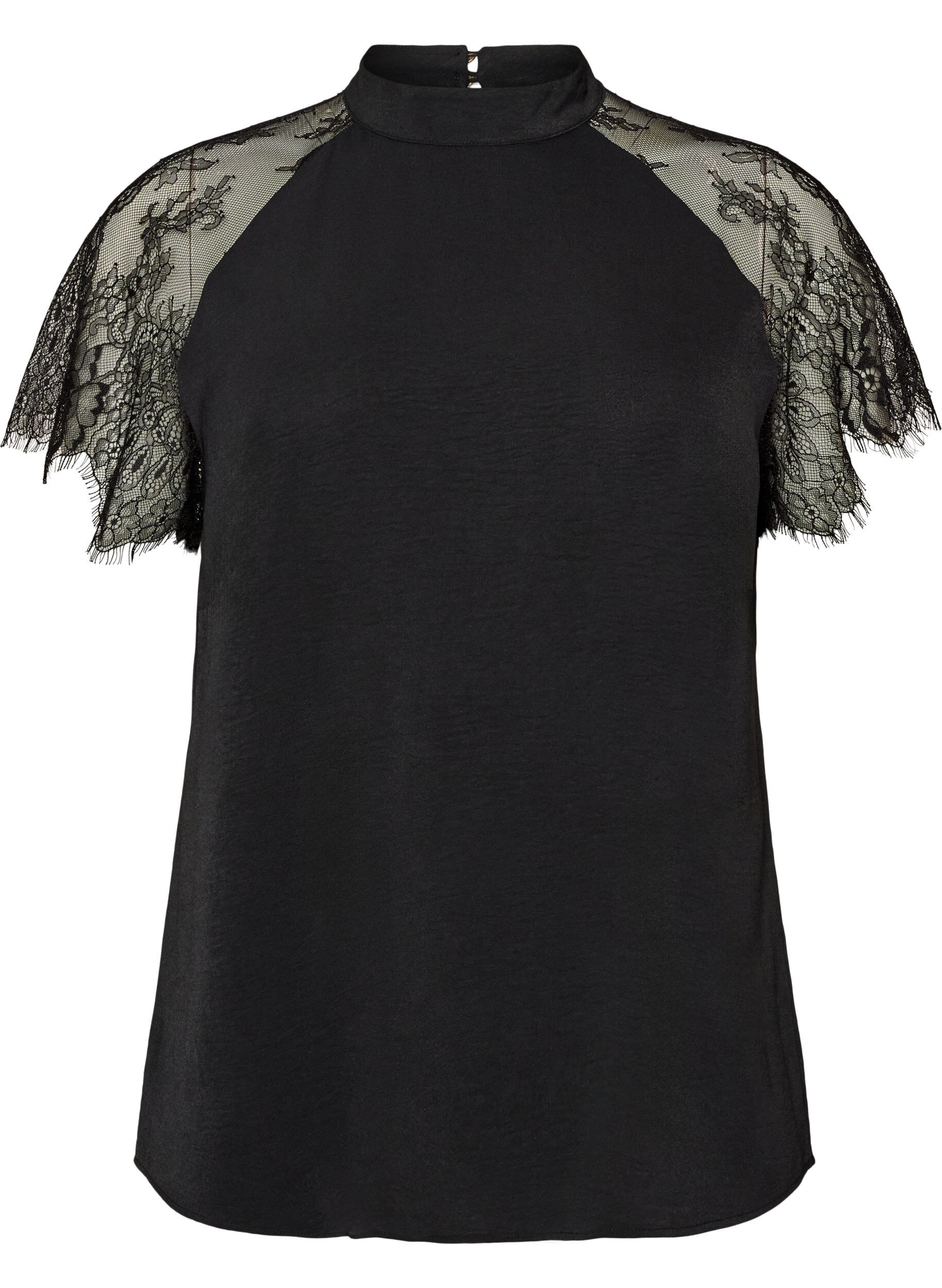 ZizziBluse mit kurzen &Auml;rmeln aus Spitze und hohem Kragen, Schwarz, Packshot image number 0