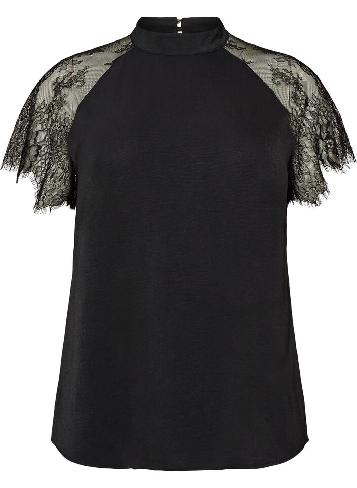Bluse mit kurzen &Auml;rmeln aus Spitze und hohem Kragen, Schwarz, Packshot image number 0