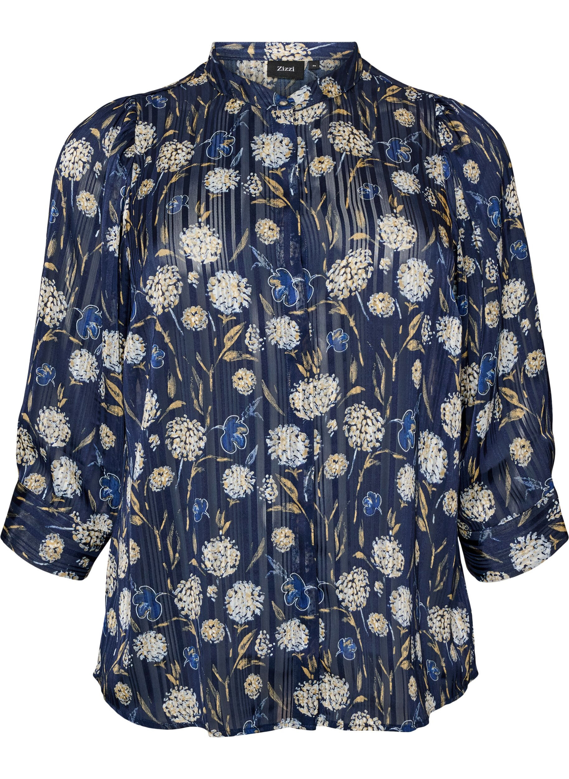 ZizziGemusterte Bluse mit Stehkragen und 3/4-&Auml;rmeln, Blau, Packshot image number 0