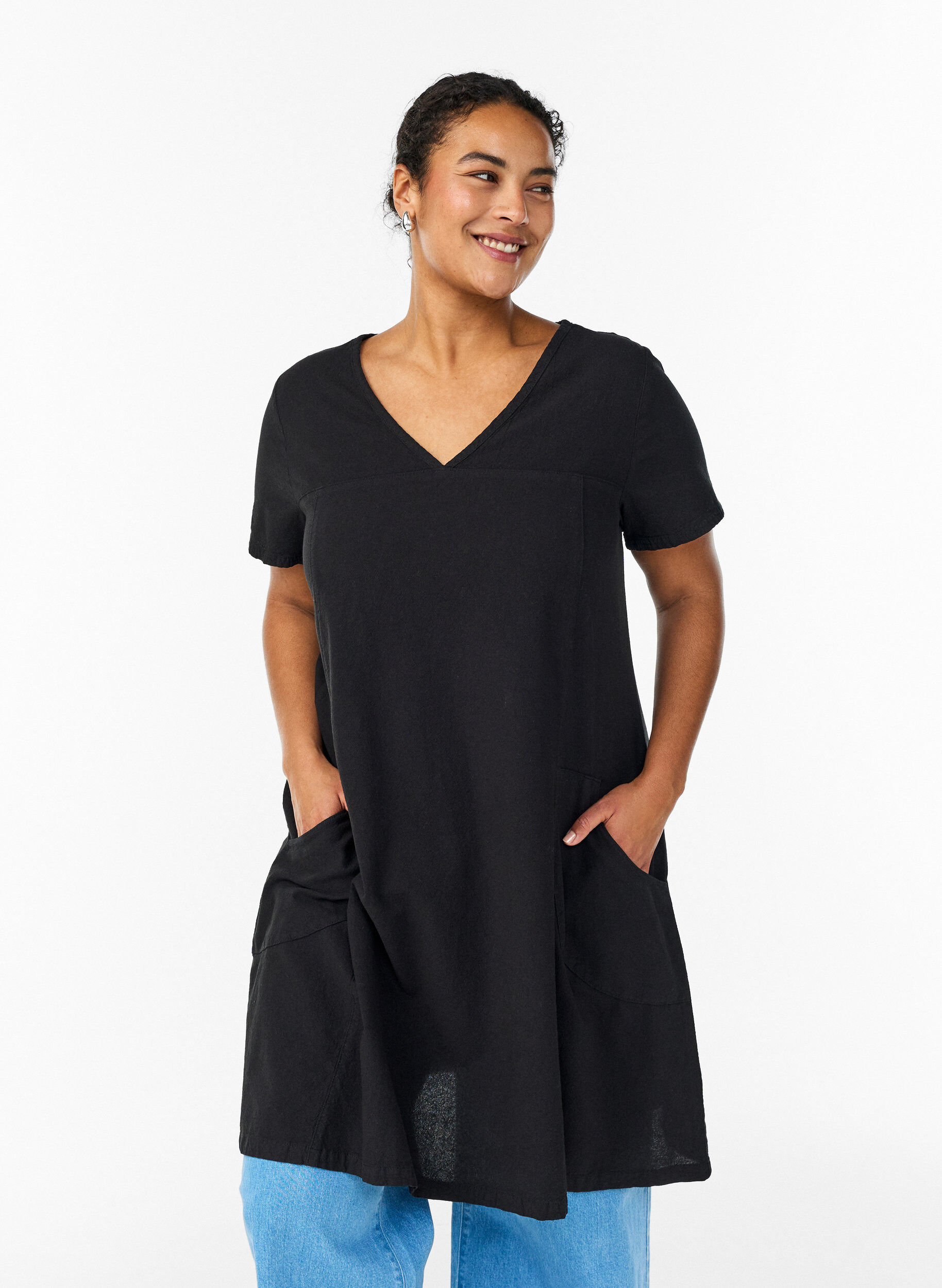 ZizziKurzarm Kleid aus Baumwolle, Schwarz, Model image number 0