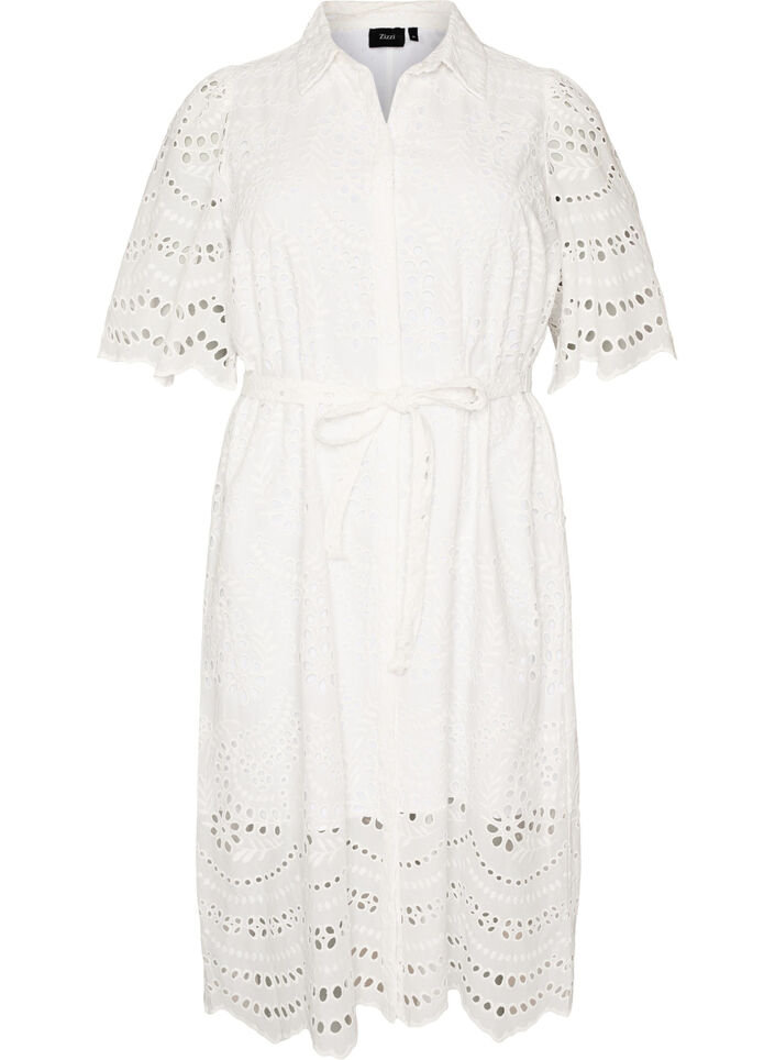 Hemdblusenkleid aus Broderie Anglaise mit Bindeg&uuml;rtel, Wei&szlig;, Packshot image number 0