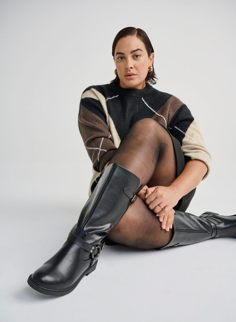 Extra-Weite - Hoher Lederstiefel mit dekorativen Schnallen, Schwarz, Image