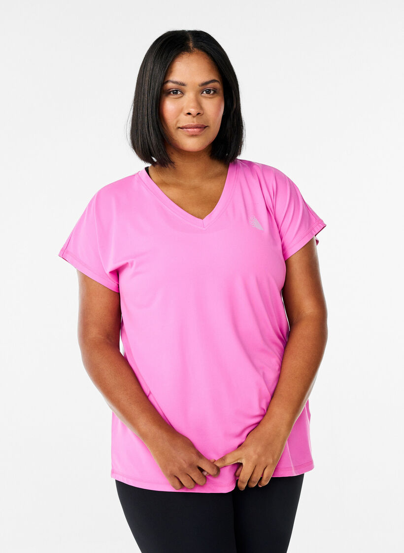 Lockeres Trainingsshirt mit V-Ausschnitt, Pink, Model image number 0
