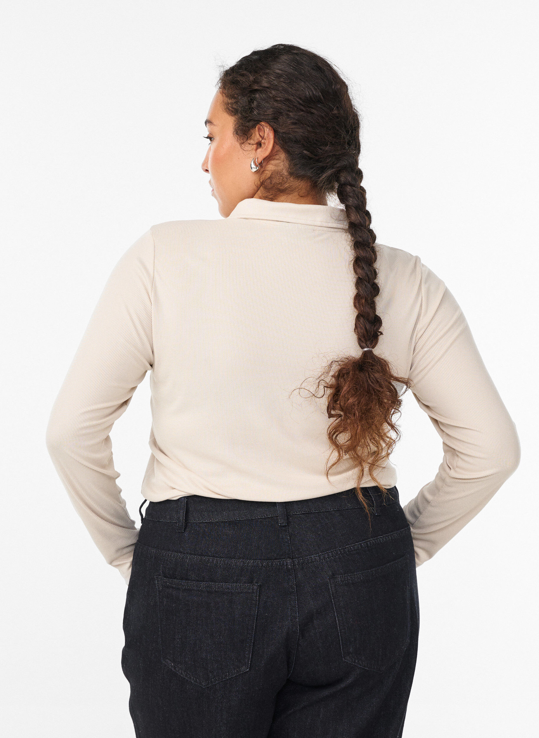 ZizziPoloshirt aus weichem Ripp mit langen &Auml;rmeln, Beige, Model image number 2