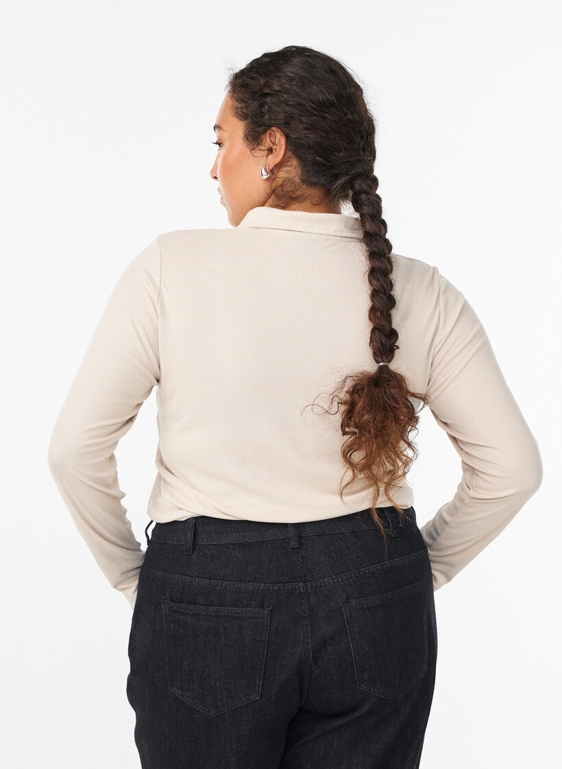 Poloshirt aus weichem Ripp mit langen Ärmeln, Beige, Model image number 2