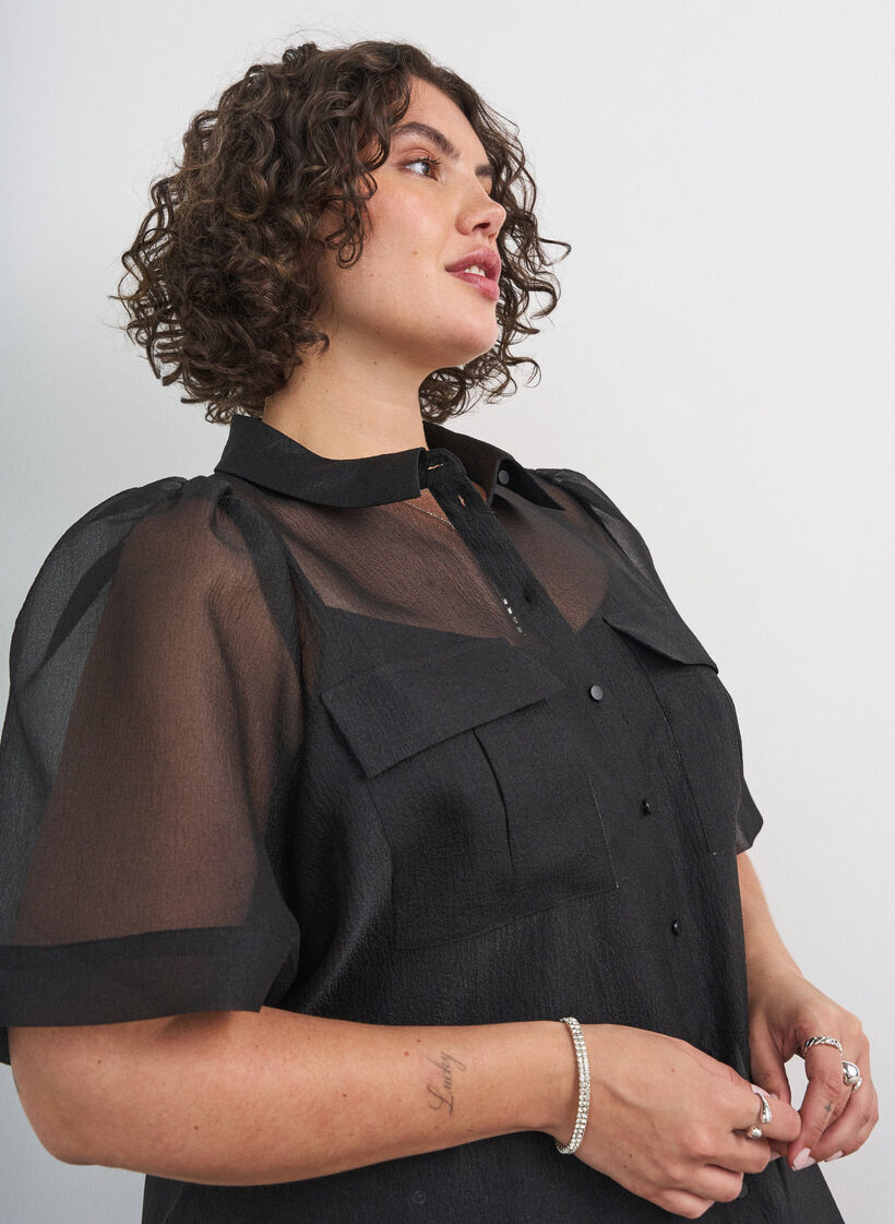 Kleid aus Organza mit Brusttaschen und Puff&auml;rmeln, Schwarz, Model image number 3