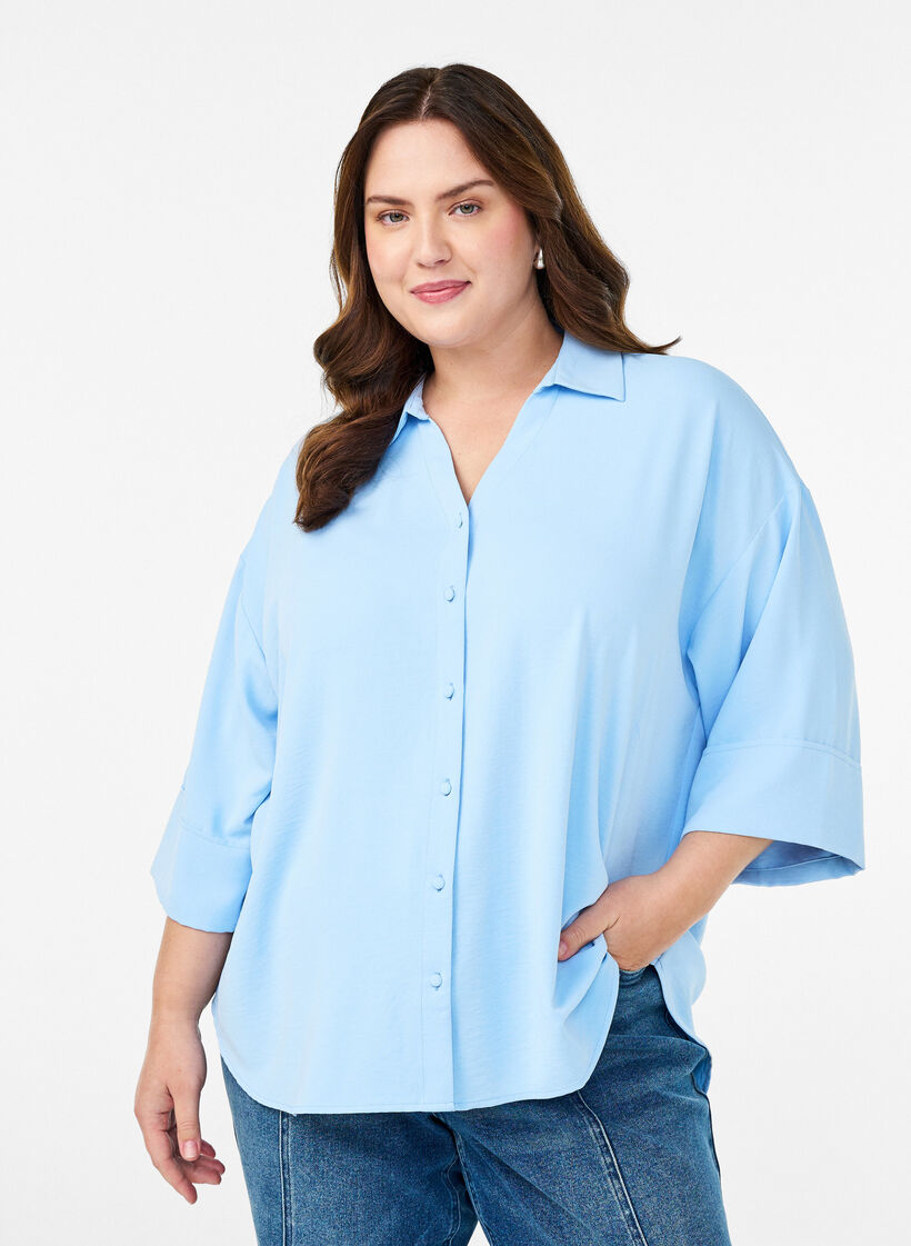 Lockere Bluse mit V-Ausschnitt und 3/4-Ärmeln, Blau, Model image number 0