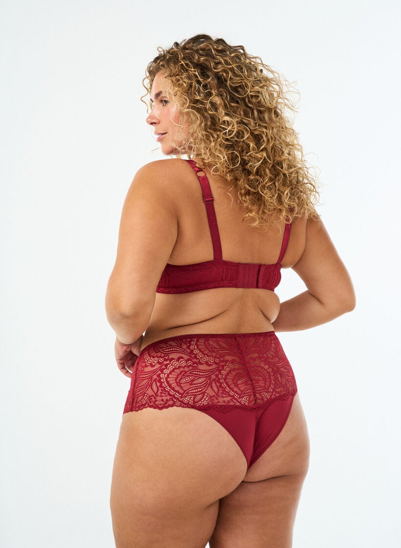 Schrittfreier Hipster-String mit Spitze und hoher Taille, Rot, Model image number 1