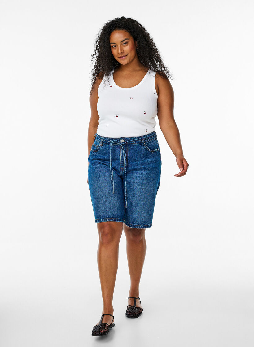 Tailleiertes Top mit Motiv, Wei&szlig;, Model image number 1