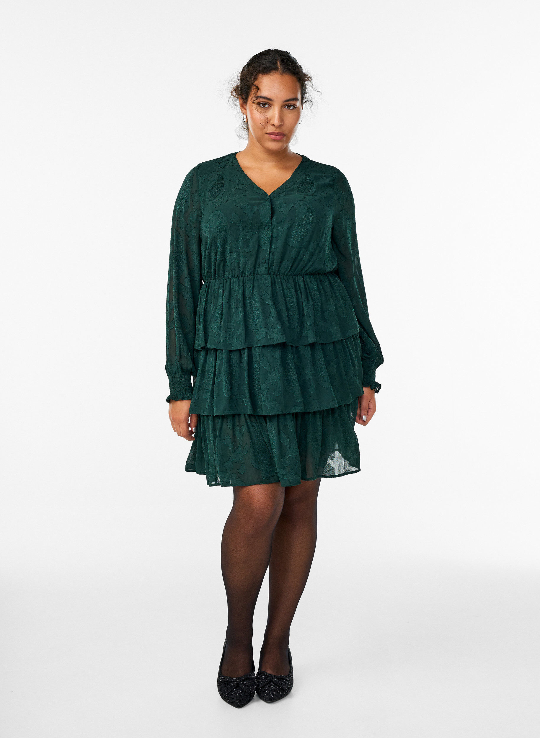 ZizziKurzes Kleid mit R&uuml;schen und Strukturmuster, Gr&uuml;n, Model image number 1