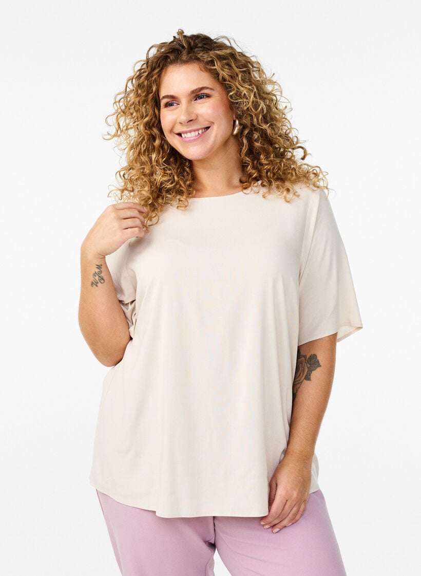 FLASH – Kurzärmelige, gewebte Bluse mit Rundhals, Beige, Model image number 0