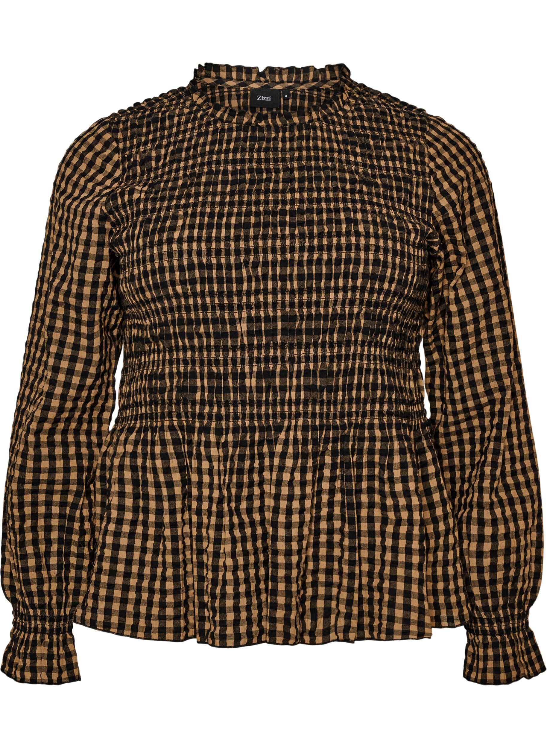 ZizziKarierte Bluse mit Smock und Sch&ouml;&szlig;chen, Braun, Packshot image number 0