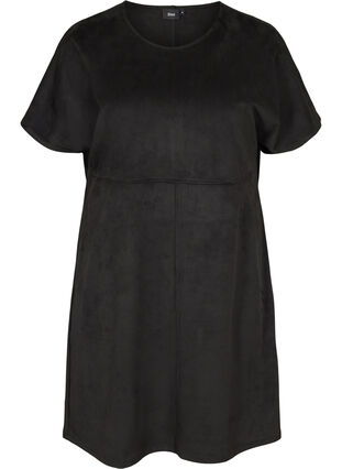 Kurzarm Kleid aus Kunstwildleder, Black, Packshot image number 0