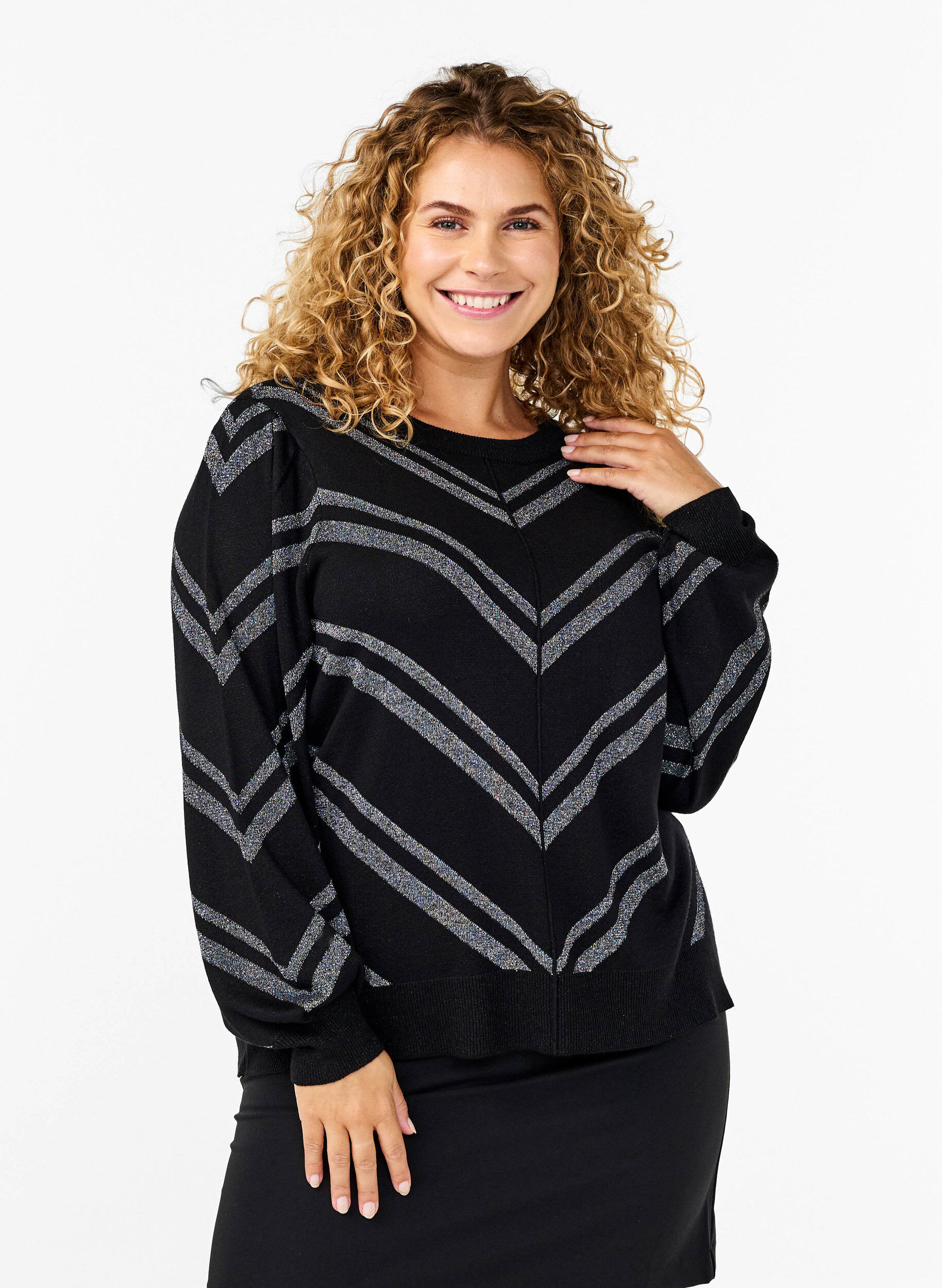 ZizziStrickpullover mit Rundhalsausschnitt und Schimmer-Effekt, Black w.S.L.Stripes, Model image number 0