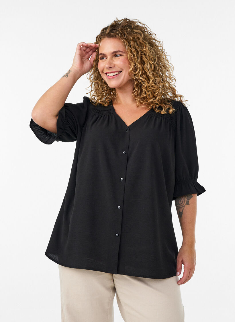 Hemdbluse mit 1/2-&Auml;rmeln, Schwarz, Model image number 0