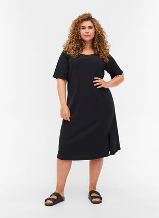 Kurzarm Kleid aus Ripp, Black, Model image number 2