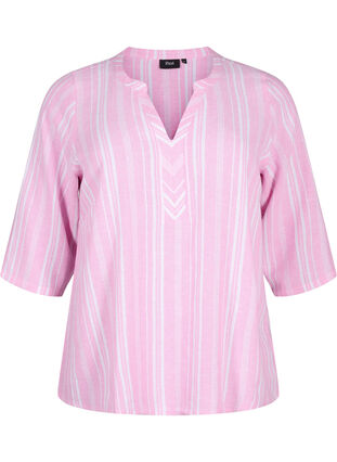 Gestreifte Bluse aus einer Leinen-Viskose-Mischung, Rosebloom Wh.Stripe, Packshot image number 0