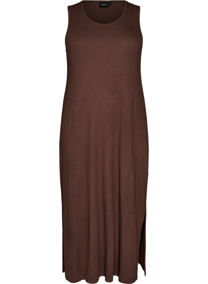 &Auml;rmelloses geripptes Kleid aus Viskose, Braun, Packshot image number 0